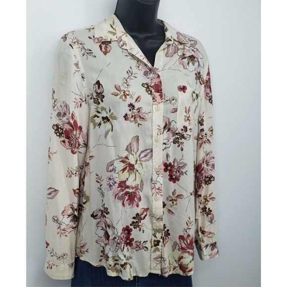 Beach Lunch Lounge Button Blouse Long Sleeve Collared Viscose - Picture 1 of 8